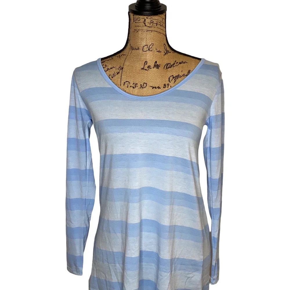 LuLaRoe Womens XXS Blue Striped Long Sleeve Scoop Neck Tunic Top Soft Knit
